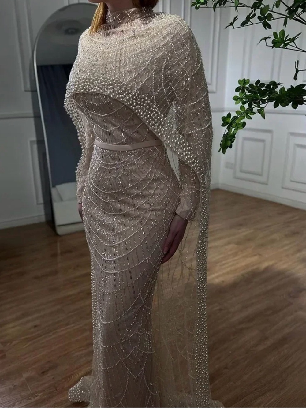 Elegant Beige Pearl-Embellished Evening Gown